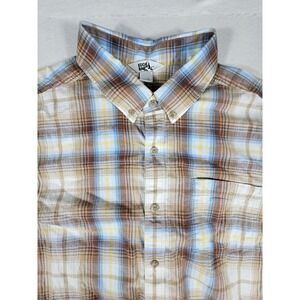 Eddie Bauer Mens XL Short Sleeve Button Down Plaid Shirt Brown Blue 11501850